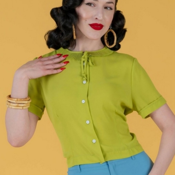 Tatyana Ingrid Holly Green Vintage Spring Pinup Blouse Pleated Collar Bow Detail - Picture 2 of 2